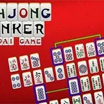 Piese de mahjong pe un fundal roșu cu litere care formează cuvintele MAHJONG LINKER KYODAI GAME