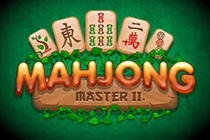 Textul Mahjong Master II pe un fundal verde, cu plăci de joc cu simboluri tradiționale deasupra