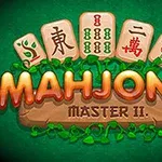 Textul Mahjong Master II pe un fundal verde, cu plăci de joc cu simboluri tradiționale deasupra