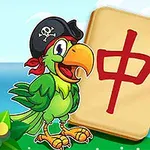 Papagal verde cu pălărie de pirat lângă o piesă de joc cu un simbol roșu, pe fundal de ocean și flori