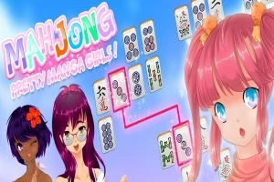 Fete manga stil anime cu părul colorat și cărți de joc, pe un fundal albastru