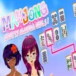 Fete manga stil anime cu părul colorat și cărți de joc, pe un fundal albastru