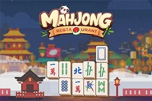 Imaginea prezintă piese de Mahjong aranjate pe fundalul unui peisaj urban cu arhitectură asiatică și elemente decorative