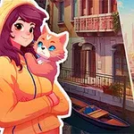 O tânără îmbrăcată într-o jachetă portocalie ține un pisoi portocaliu în brațe, având în fundal imagini cu o stradă urbană și plăcuțe de joc