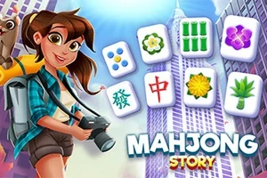 O tânără aventurieră cu o cameră foto în mână stă în fața unui fundal urban cu plăcuțe colorate și textul Mahjong Story