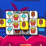 Piese cu imagini de înghețată, cartofi prăjiți și acadele pe un fundal albastru cu palmieri și forme geometrice roz