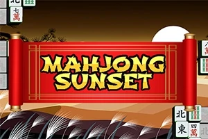 Text galben „MAHJONG SUNSET” pe un fundal de apus, cu munți și iarbă în prim-plan