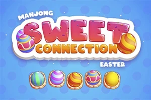 Textul Sweet Connection în culori pastelate, înconjurat de ouă colorate pe un fundal albastru cu buline