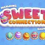 Textul Sweet Connection în culori pastelate, înconjurat de ouă colorate pe un fundal albastru cu buline