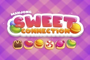 Text colorat Sweet Connection pe un fundal mov cu model în carouri și diverse iconițe de bomboane dedesubt