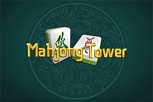 Două piese de joc cu simboluri verzi și roșii, însoțite de textul Mahjong Tower pe un fundal verde