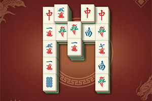 Aranjament de plăcuțe de mahjong cu simboluri chinezești și flori, pe fundal roșu cu motive decorative