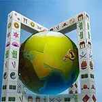 O sferă verde cu detalii continentale este înconjurată de piese pătrate decorate cu diverse simboluri, pe un fundal albastru deschis