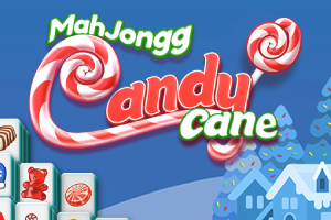 Text colorat cu MahJongg Candy Cane, acadele roșii și albe, și case de iarnă în fundal albastru