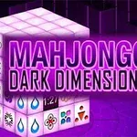 Cub 3D cu simboluri colorate și text Mahjongg Dark Dimensions pe fundal violet