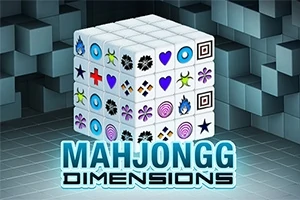 Un cub tridimensional format din piese cu diverse simboluri colorate, pe un fundal de pereți cubici, cu textul Mahjongg Dimensions în partea de jos