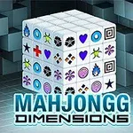 Un cub tridimensional format din piese cu diverse simboluri colorate, pe un fundal de pereți cubici, cu textul Mahjongg Dimensions în partea de jos