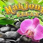 Textul Mahjongg Relax este plasat deasupra unei ornamente de pietre negre și o orhidee roz, înconjurate de verdeață