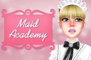 O tânără cu păr blond îmbrăcată în uniformă de menajeră este plasată lângă un panou roz cu inscripția „Maid Academy”