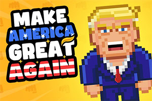 Personaj pixelat cu păr blond și costum albastru, alături de textul Make America Great Again pe un fundal galben