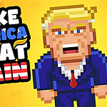 Personaj pixelat cu păr blond și costum albastru, alături de textul Make America Great Again pe un fundal galben