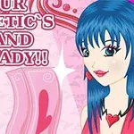 Fată animată cu păr albastru, purtând accesorii cu inimioare, lângă un ruj roz și un mesaj de brand cosmetic