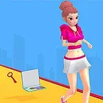 Personaj feminin alergând pe un traseu cu obiecte precum o cheie și un laptop deschis