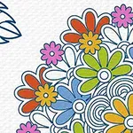 Ilustrație colorată cu flori stilizate în nuanțe de portocaliu, roz, galben și albastru pe un fundal texturat, alături de contururi albastre de frunze