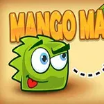 Personaj verde stilizat cu ochi mari privindu-se la un mango sub o frunză, cu titlul Mango Mania deasupra