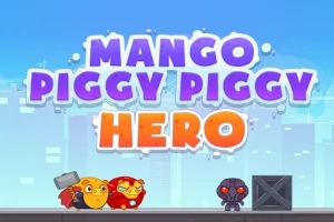 Personaje animate colorate pe un fundal urban cu titlul Mango Piggy Piggy Hero deasupra