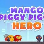 Personaje animate colorate pe un fundal urban cu titlul Mango Piggy Piggy Hero deasupra