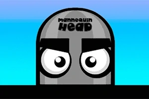 Desen animat cu un cap de manechin cu sprâncene groase și ochi mari pe un fundal albastru