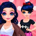 Două personaje animate cu păr albastru și ochi mari, purtând haine elegante și accesorii, pe un fundal roz cu buline albe
