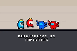 Patru personaje stilizate, colorate în albastru și roșu, cu măști și coroane, alături de textul MASQUERADES VS IMPOSTORS