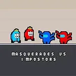 Patru personaje stilizate, colorate în albastru și roșu, cu măști și coroane, alături de textul MASQUERADES VS IMPOSTORS