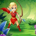 Un elf cu arc și o săgeată se confruntă cu un mic dragon mov într-o pădure luminos colorată