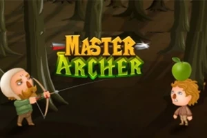 Un arcaș trage cu arcul către un personaj cu un măr pe cap, pe fundal fiind o pădure întunecată și titlul Master Archer