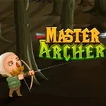 Un arcaș trage cu arcul către un personaj cu un măr pe cap, pe fundal fiind o pădure întunecată și titlul Master Archer