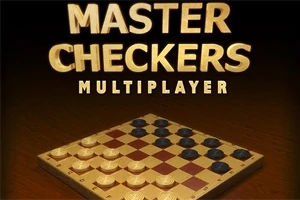 Textul „Master Checkers Multiplayer” deasupra unei table de dame cu piese albe și negre