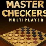 Textul „Master Checkers Multiplayer” deasupra unei table de dame cu piese albe și negre