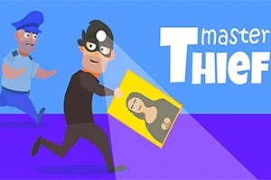 Un hoț purtând o mască neagră fuge cu un tablou reprezentând Mona Lisa, urmărit de un polițist, pe un fundal în nuanțe de albastru și violet, cu textul „Master Thief” în dreapta sus
