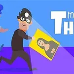 Un hoț purtând o mască neagră fuge cu un tablou reprezentând Mona Lisa, urmărit de un polițist, pe un fundal în nuanțe de albastru și violet, cu textul „Master Thief” în dreapta sus