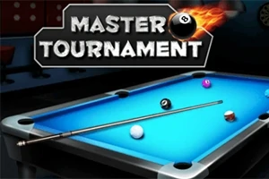 Masă de biliard cu tac și bile colorate pe fundal albastru, cu textul Master Tournament deasupra