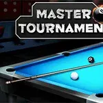 Masă de biliard cu tac și bile colorate pe fundal albastru, cu textul Master Tournament deasupra