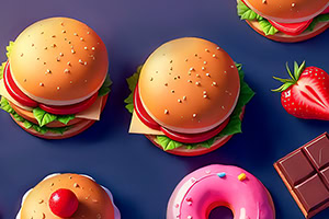 Ilustrație cu burgeri, o gogoașă roz cu glazură, o prăjitură cu cireșe, o căpșună și o tabletă de ciocolată pe un fundal albastru închis