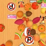 O varietate de fructe și legume colorate, semne de circulație și obiecte de uz casnic împrăștiate pe o suprafață de lemn