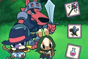 Trei personaje animate, inclusiv un câine cavaler și un iepure aventurier, într-un decor de pădure cu pictograme de obiecte magice
