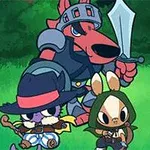 Trei personaje animate, inclusiv un câine cavaler și un iepure aventurier, într-un decor de pădure cu pictograme de obiecte magice
