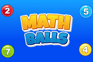 Textul „Math Balls” este înconjurat de bile colorate cu numere: roșu cu 2, albastru cu 5, galben cu 4 și verde cu 7, pe un fundal albastru
