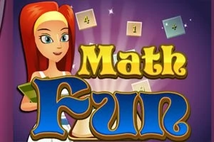 O femeie cu păr roșu ține o carte, în fața cuvintelor Math Fun într-un font colorat, cu fundal mov și elemente matematice suspendate